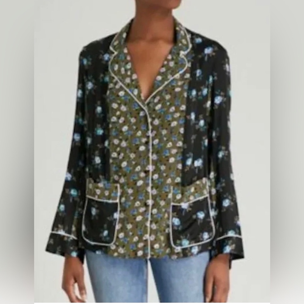 NWT Sandro Paris Crepe & Satin Noisette Shirt In Black Floral Size 3